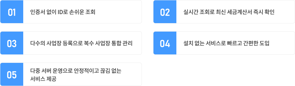 01.인증서 없이 ID로 손쉬운 조회, 02.실시간 조회로 최신 세금계산서 즉시 확인, 03.다수의 사업장 등록으로 복수 사업장 통합 관리, 04.설치 없는 서비스로 빠르고 간편한 도입, 05.다중 서버 운영으로 안정적이고 끊김 없는 서비스 제공